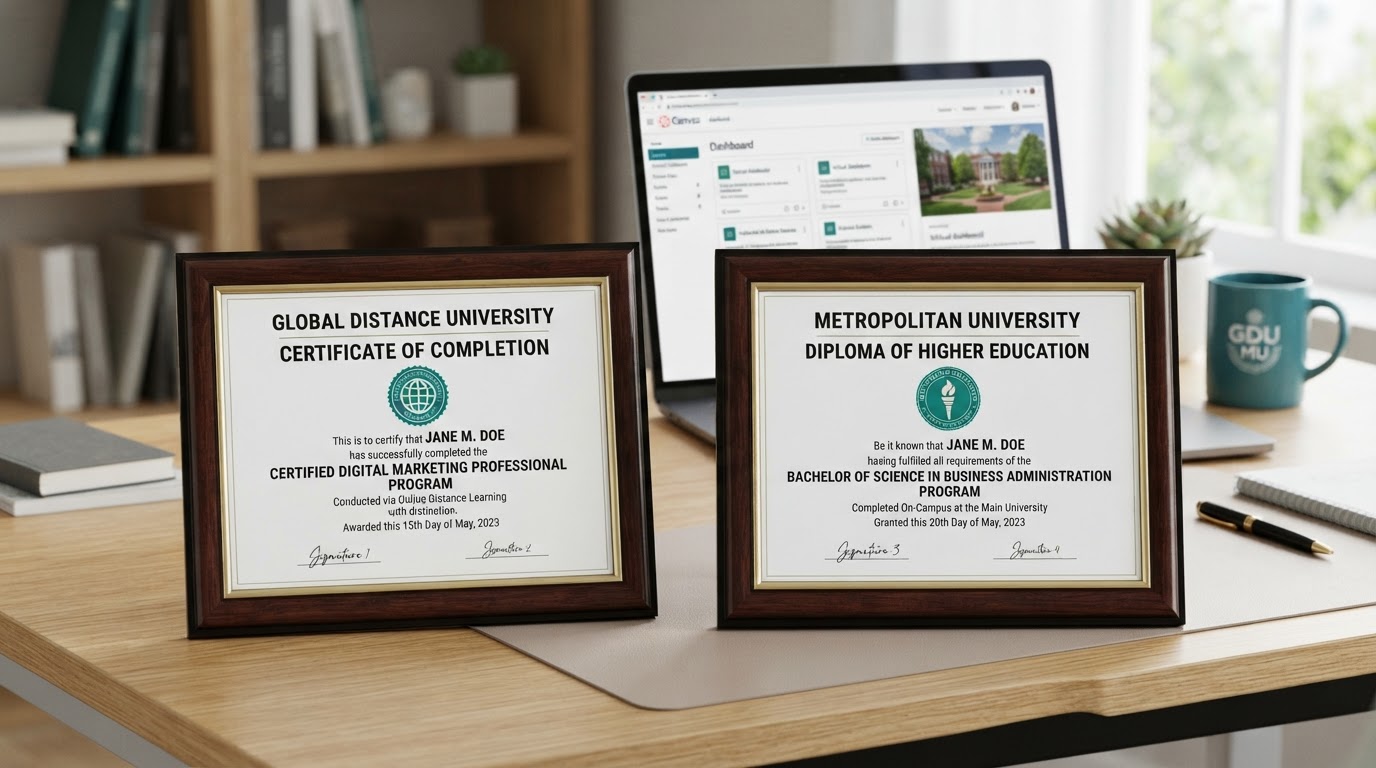 An online distance learning certificate and an on-campus diploma shown side by side with equal weight, symbolising identical academic value