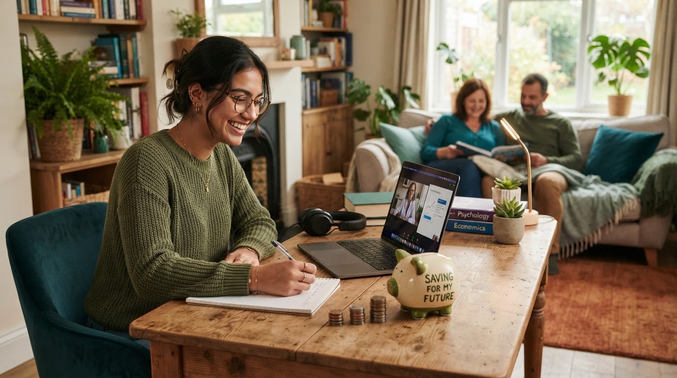 A student studying online at home with family nearby and a piggy bank, representing saving money and staying with family while distance learning