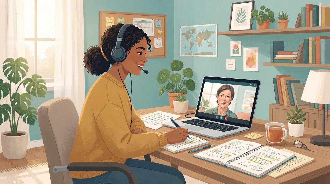 Distance learning student at home receiving remote academic support through a video call on a laptop