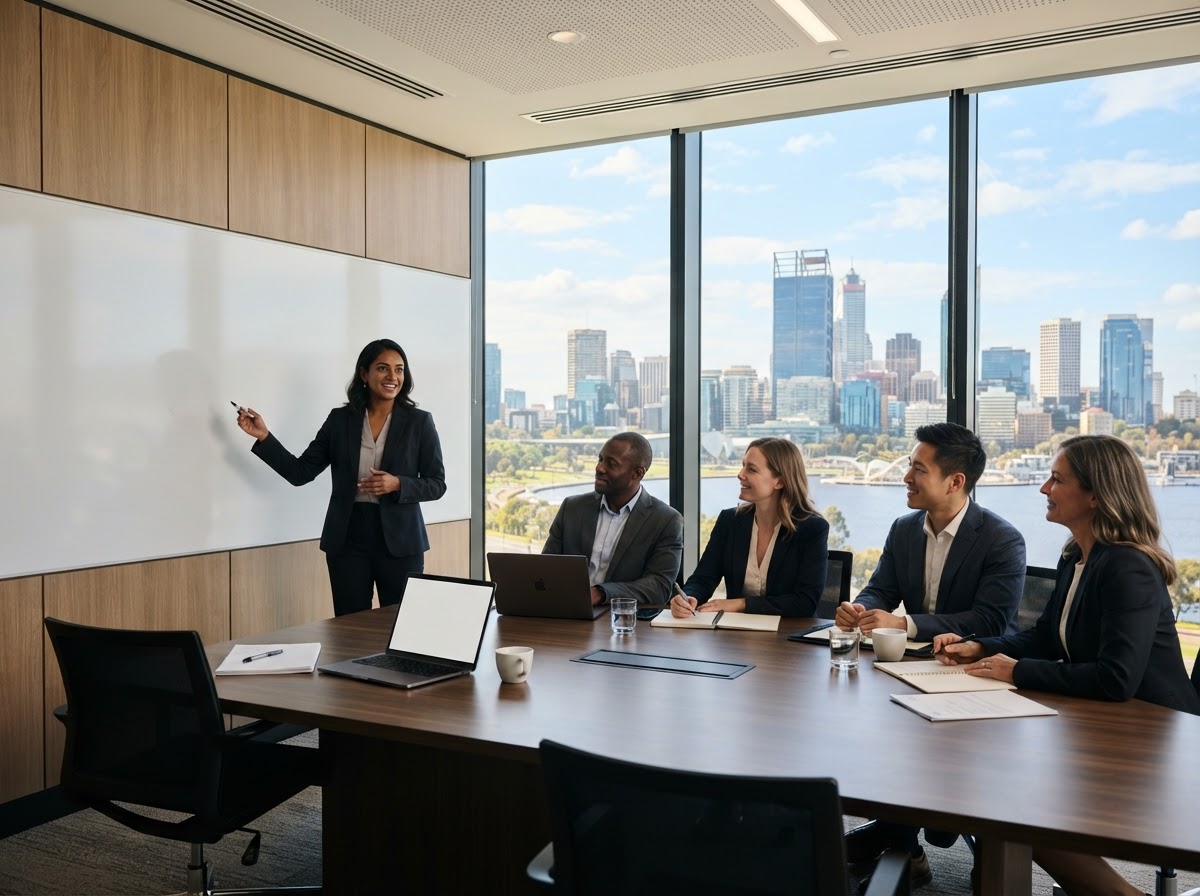 AIS Hub consultants presenting to Perth clients in a modern boardroom with the Perth city skyline visible through the windows