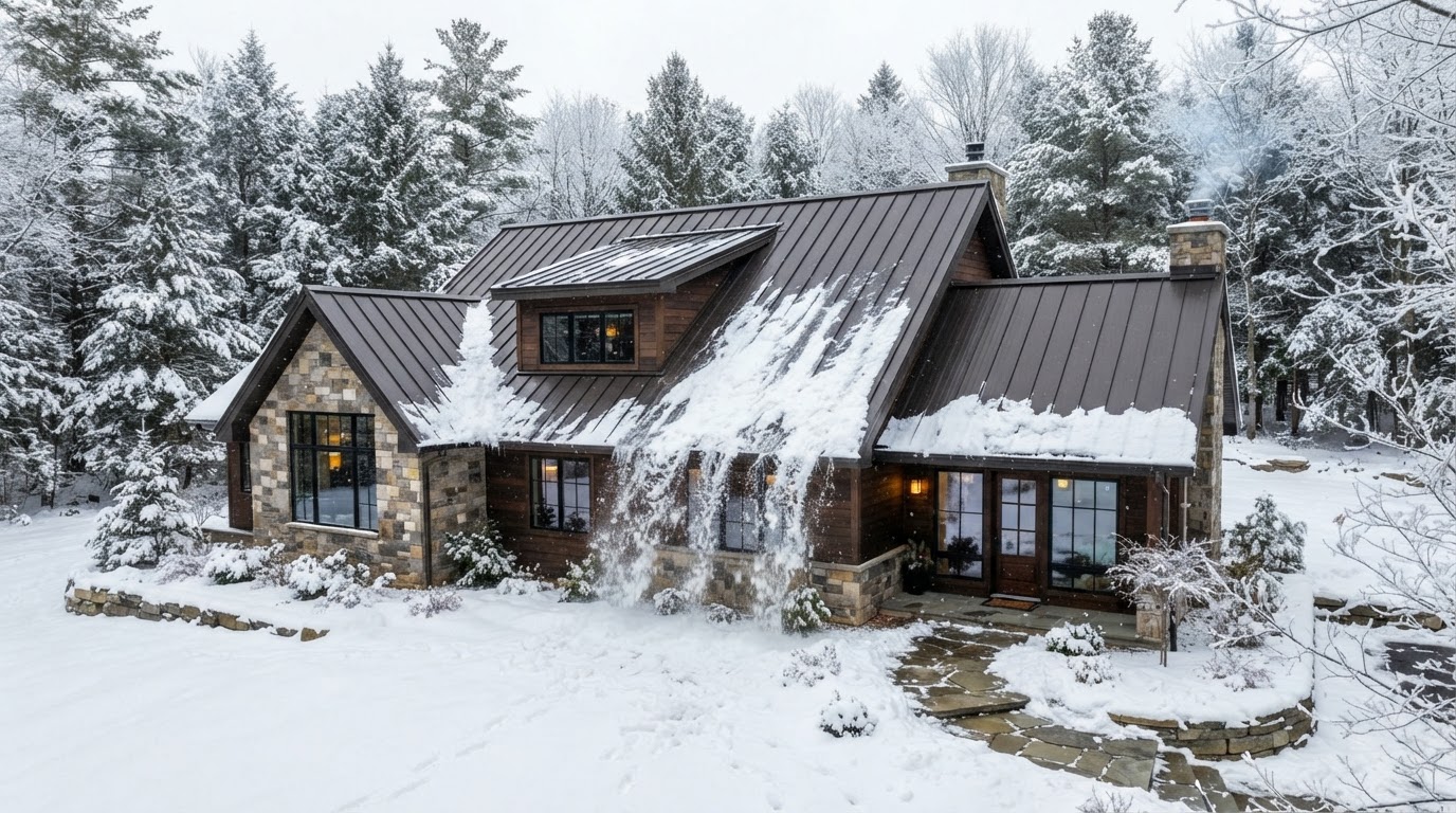 Standing seam metal roof shedding snow on a Central New York home in winter