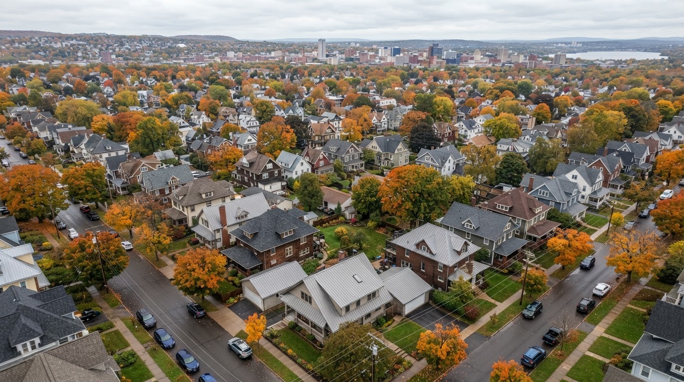 Aerial view of a Syracuse New York neighborhood with residential roofs