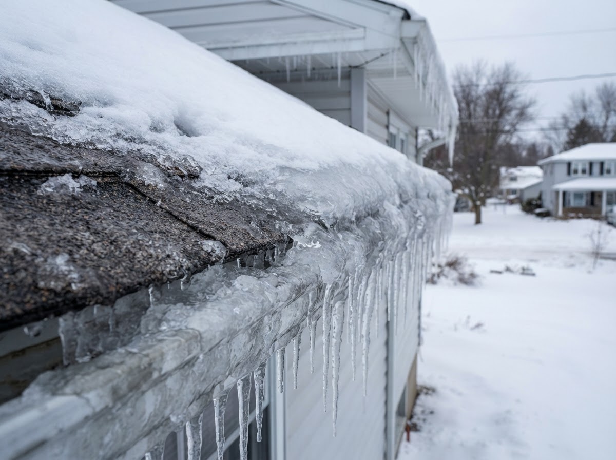 Ice dam and icicles forming on a roof edge in a Central New York winter