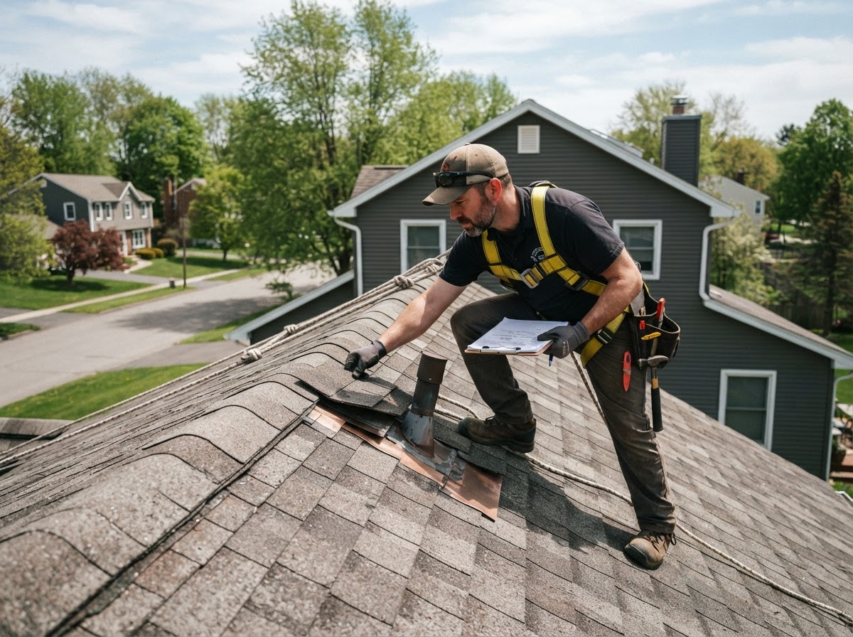 Roofer performing a residential roof inspection on an asphalt shingle roof