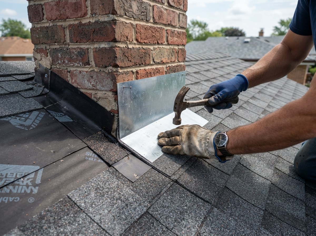 Close-up of step flashing and ice and water shield installation around a chimney