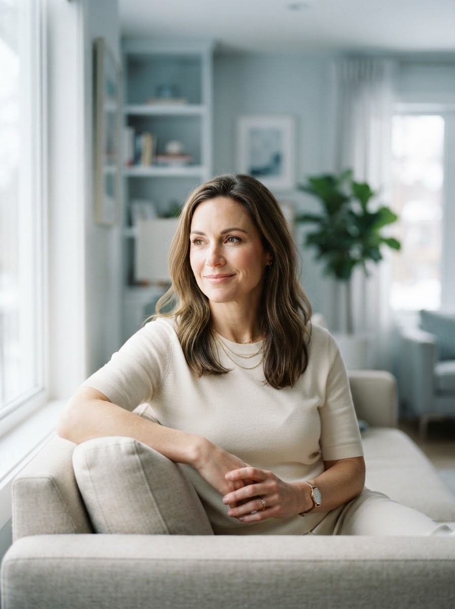 A confident woman in a bright, calm home setting considering provider-guided medical weight-loss care.