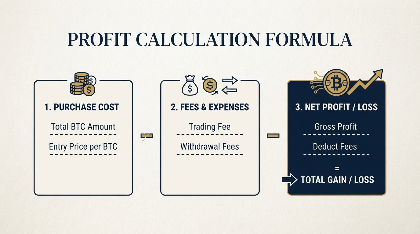 Bitcoin profit formula breakdown showing gross proceeds minus purchase cost minus fees equals net profit.