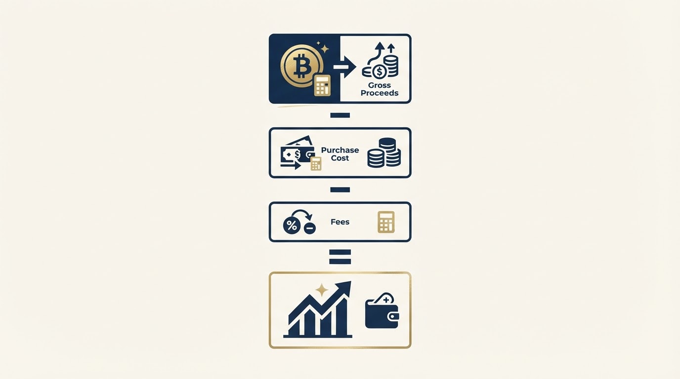 How to calculate Bitcoin profit illustration showing step-by-step arithmetic from gross proceeds minus purchase cost and fees to net profit.