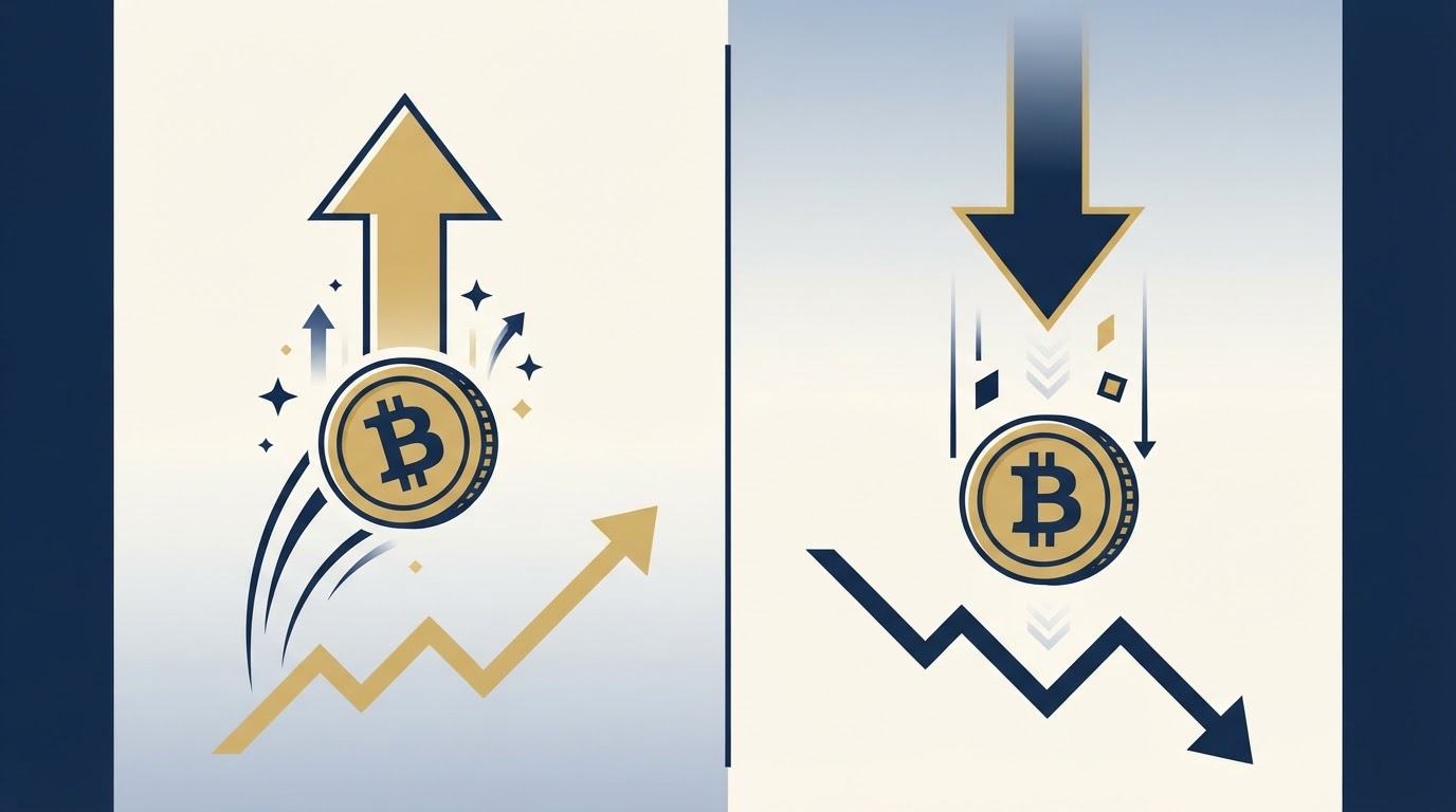 Gain versus loss comparison showing an upward arrow for a profitable Bitcoin sale and a downward arrow for a sale below purchase cost.