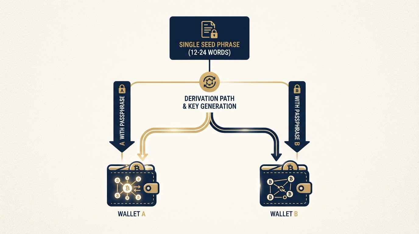 Diagram showing how a single seed phrase branches into two entirely different wallets when combined with passphrase A versus passphrase B.