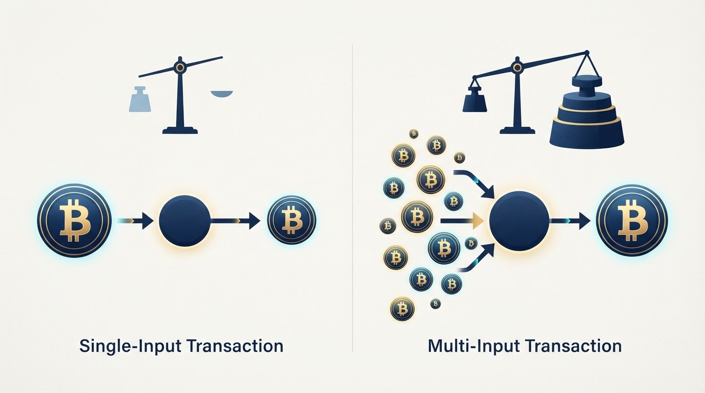 Comparison of a single-input transaction versus a multi-input transaction combining many small outputs, showing the multi-input transaction is larger.