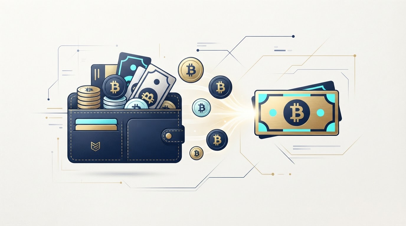 Illustration of Bitcoin unspent transaction outputs shown as discrete digital coins of varying sizes in a wallet.