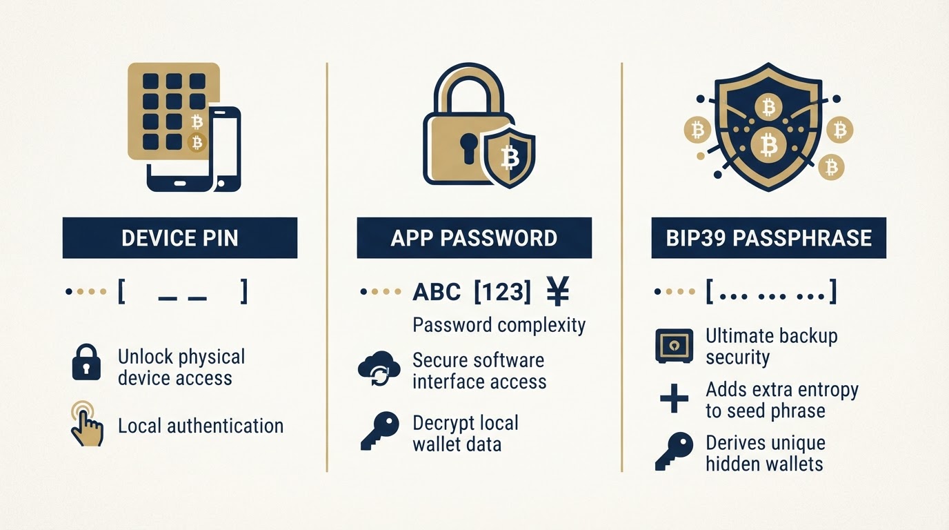 Comparison of three distinct wallet security concepts: a device PIN, an app password, and a BIP39 passphrase, each protecting different things.
