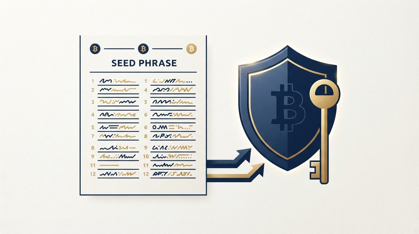 BIP39 passphrase illustration showing a seed phrase sheet combined with an optional passphrase shield, conveying layered wallet security.