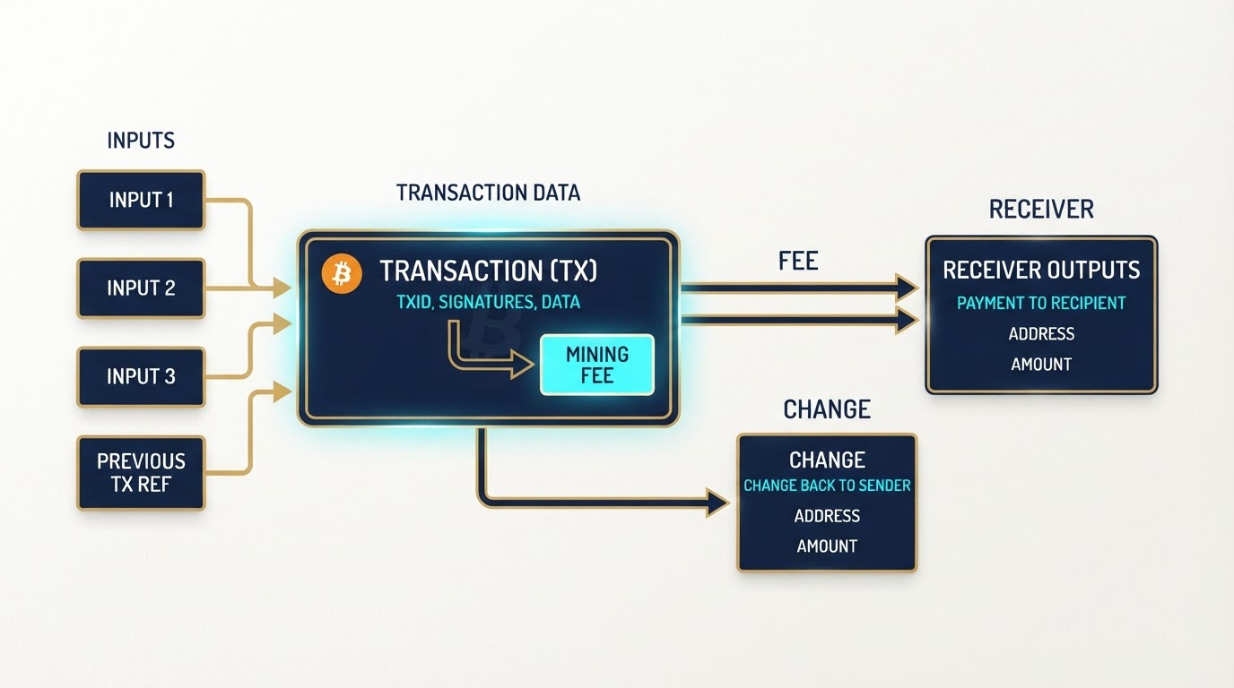 Transaction anatomy diagram showing inputs flowing into a transaction with mining fee separated and outputs plus change flowing out.