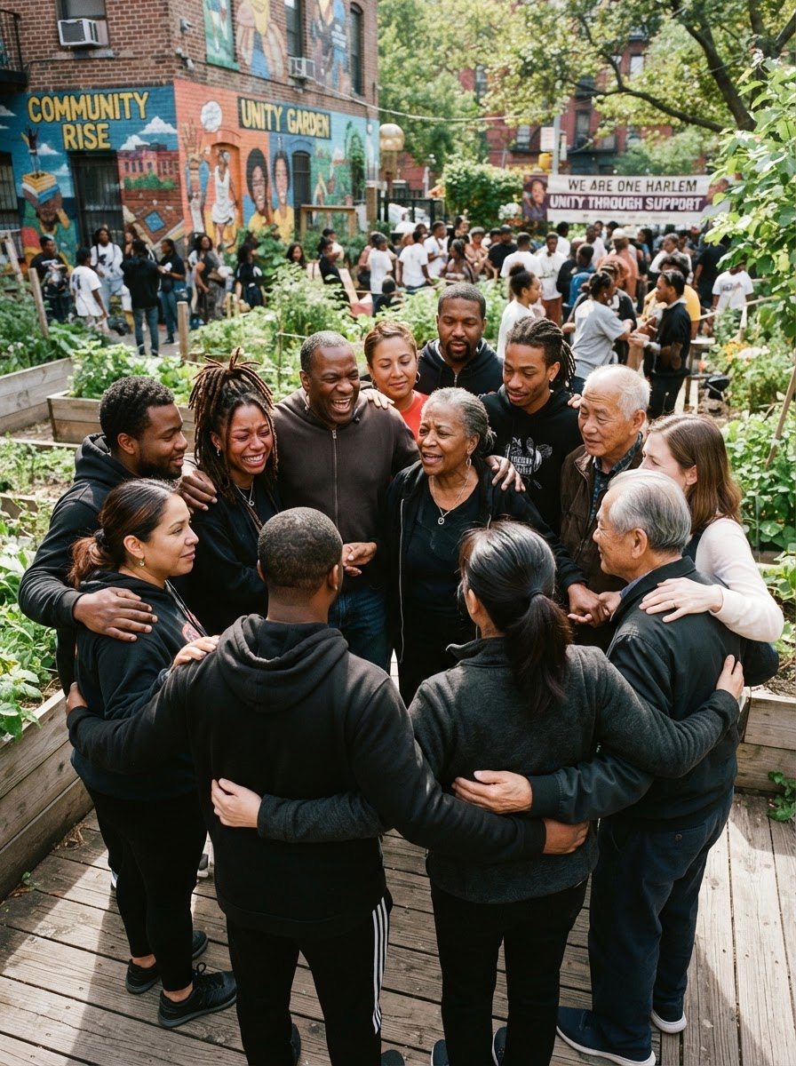 Community members standing together, united