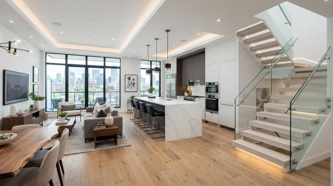 Renovated Condo Living Room with Quartz Kitchen and Luxury Flooring
