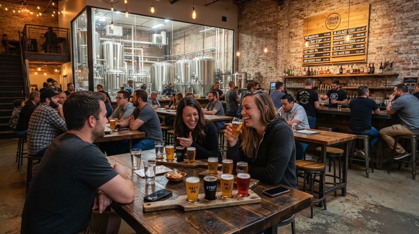 Atmospheric interior and craft beer flights at Rhinegeist Brewery taproom in Over-the-Rhine Cincinnati