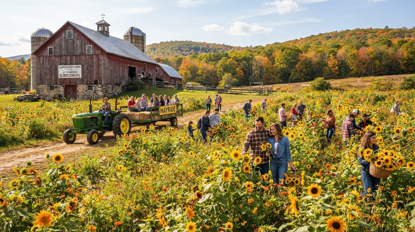Golden sunflower fields and tractor hayrides at historic Gorman Heritage Farm in Evendale