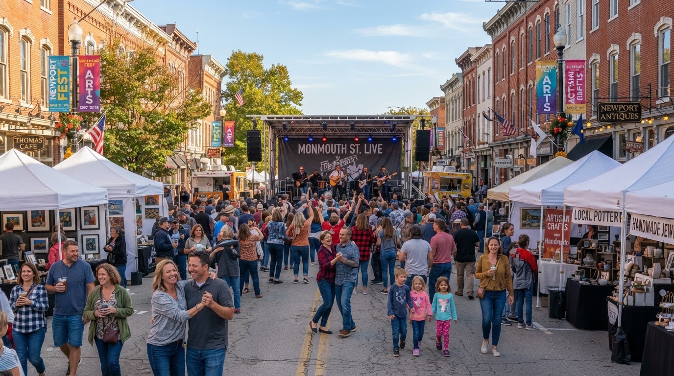 Outdoor stage and crowds enjoying live music at the MAMMOTH Music and Arts Festival in historic Newport Kentucky