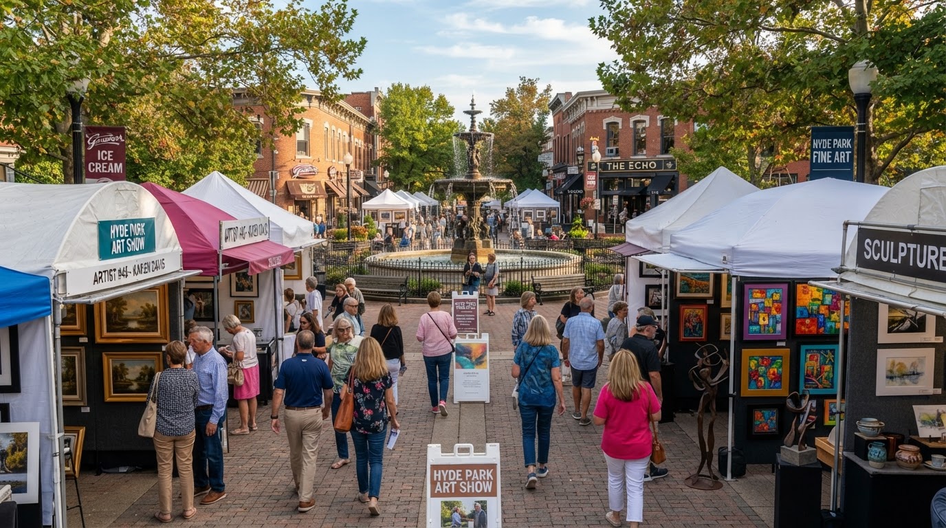 White artisan tents and art lovers browsing fine art in picturesque Hyde Park Square Cincinnati