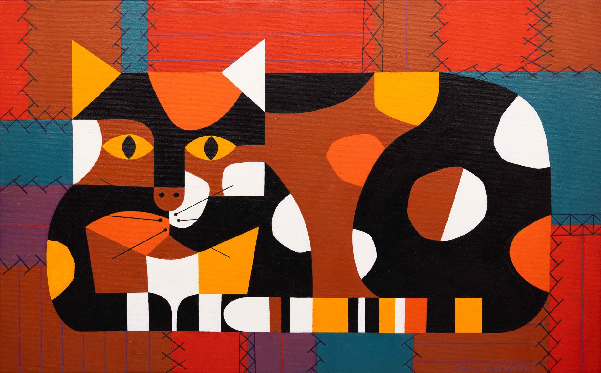 Edie McKee Harper, Crazy Cat on Crazy Quilt (Patches), circa 1990, acrylic on canvas, Collection of Brett Harper, Taft Museum of Art exhibition