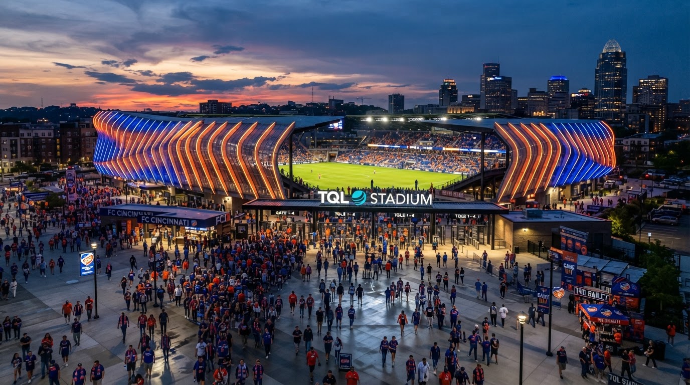 Illustration of TQL Stadium illuminated in orange and blue with soccer supporters gathering outside at dusk.
