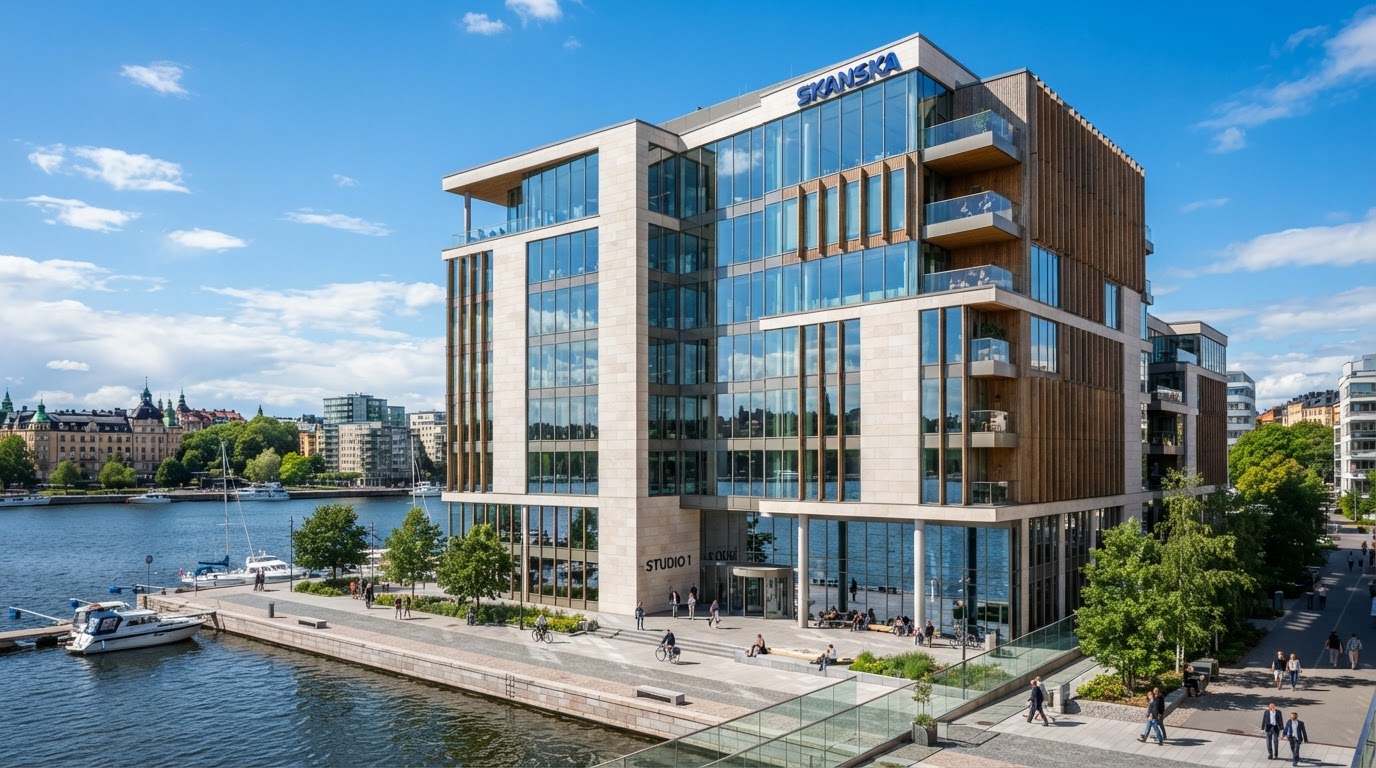Modern svensk kommersiell fastighet med samtida arkitektur i Stockholm