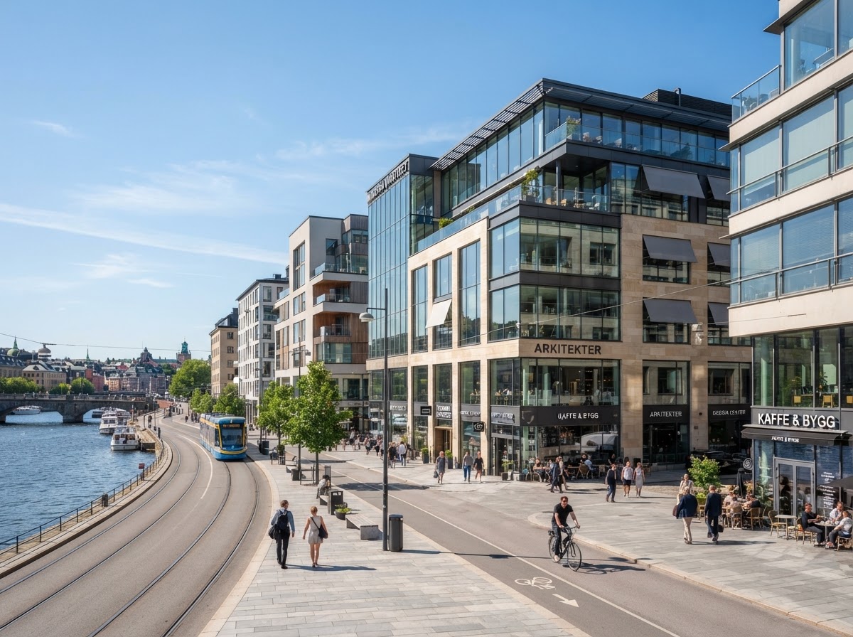 Modern svensk stadsbild med samtida kommersiella fastigheter