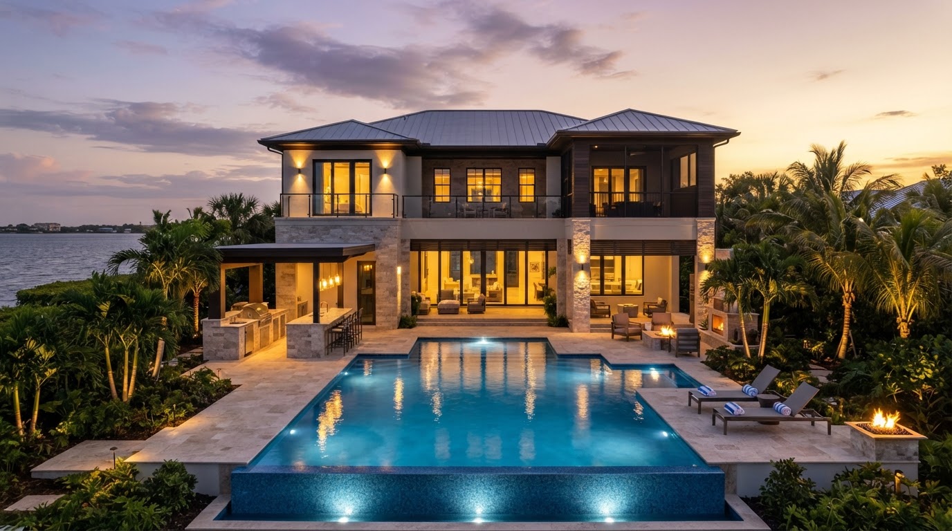 Elegantly lit rear of a high-end Florida island beach house at dusk with infinity pool and outdoor kitchen