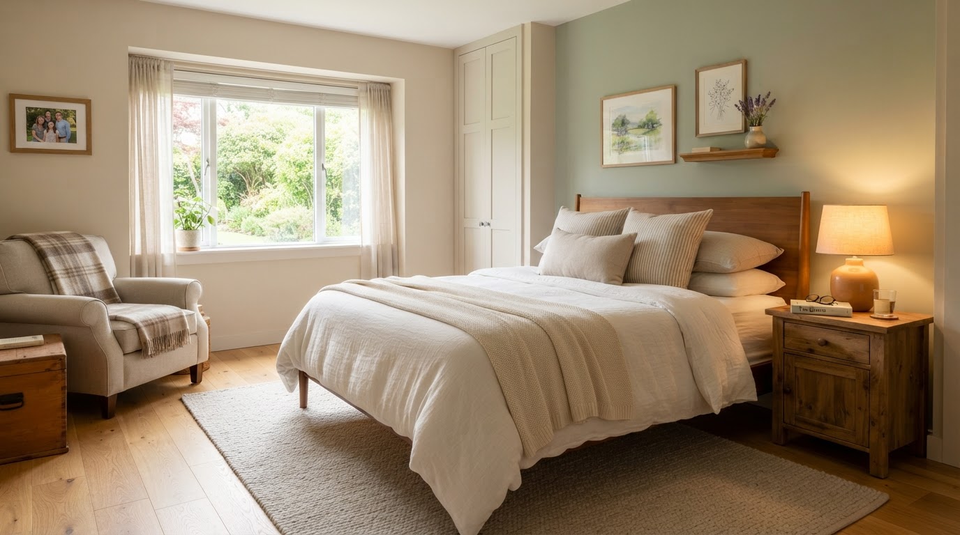 Calm private bedroom suite showing attentive residential overnight supervision and safety