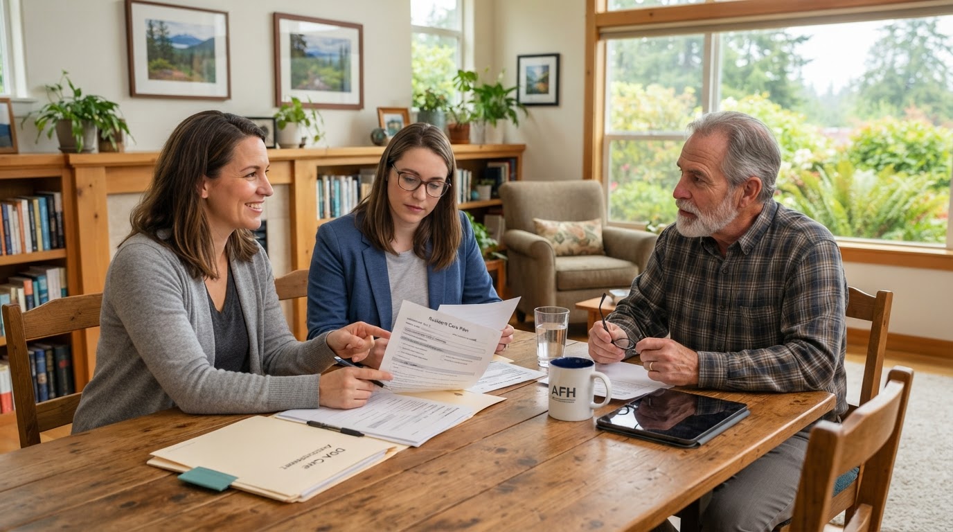 Adult family home intake consultation discussing care planning with guardian and case manager