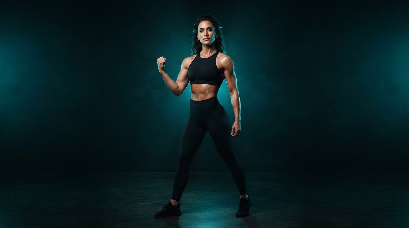 Confident woman with a sculpted feminine silhouette in turquoise ambient luxury studio lighting