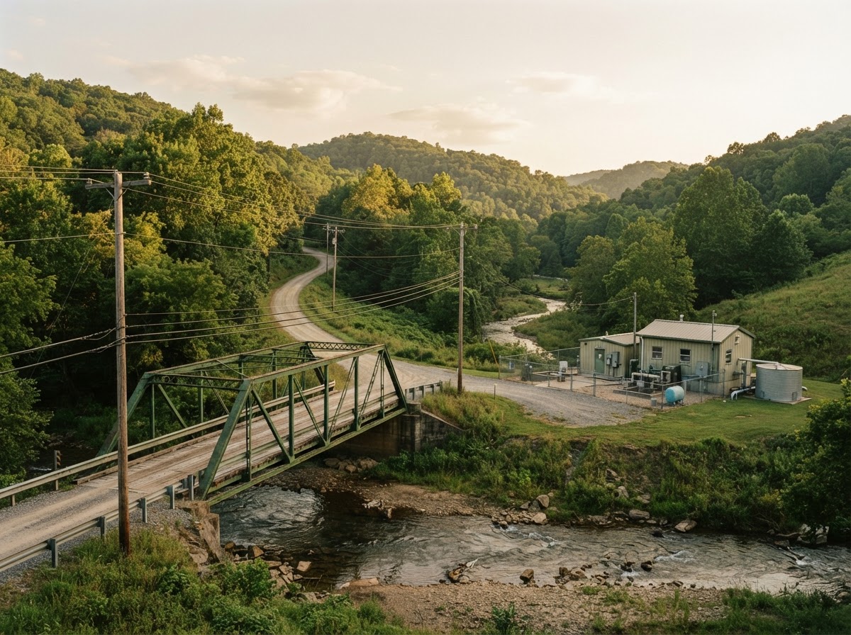 Rural Kentucky infrastructure: a green bridge over a creek with forested hills.