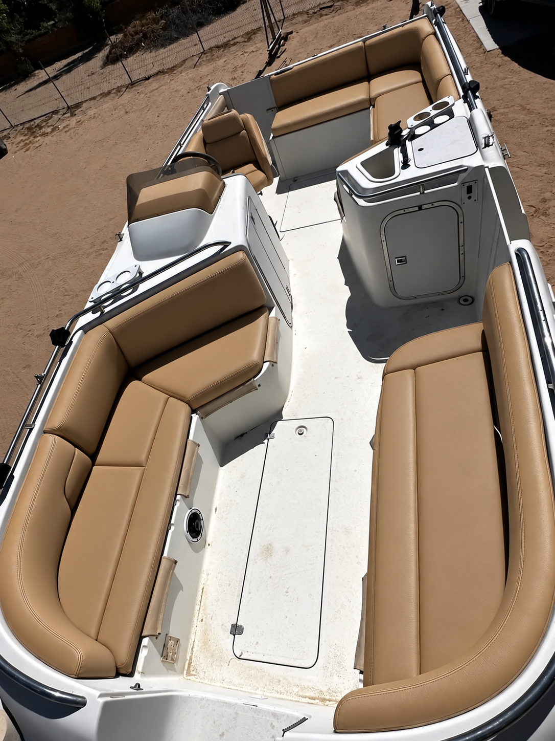 Boat interior after complete custom marine vinyl restoration and padding
