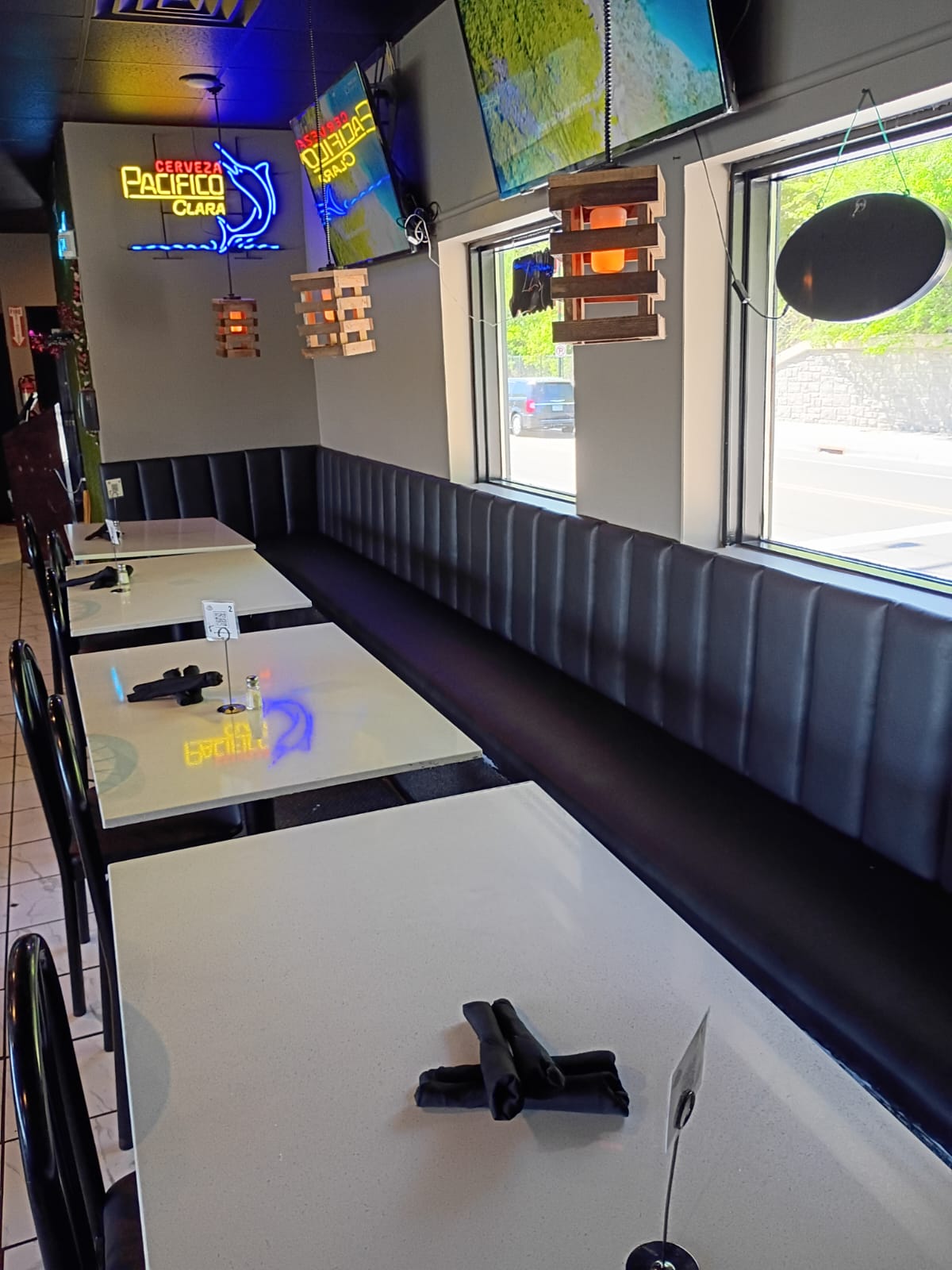 Restaurant black fluted commercial booth seating re-upholstery