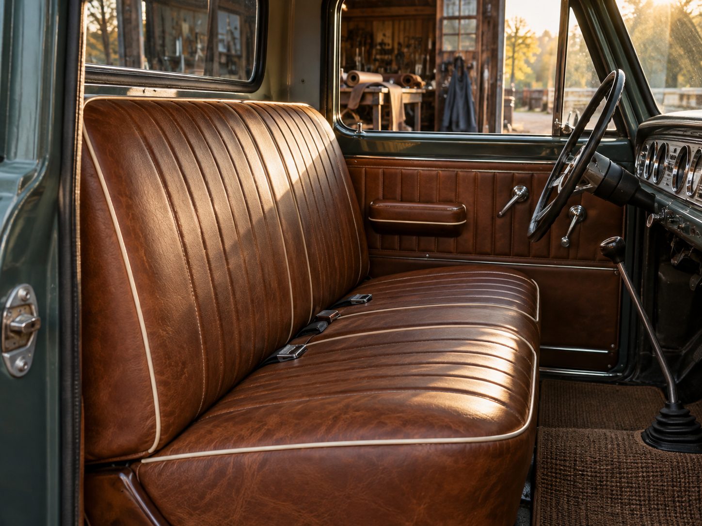 Classic truck leather bench seat custom restoration with white piping detail