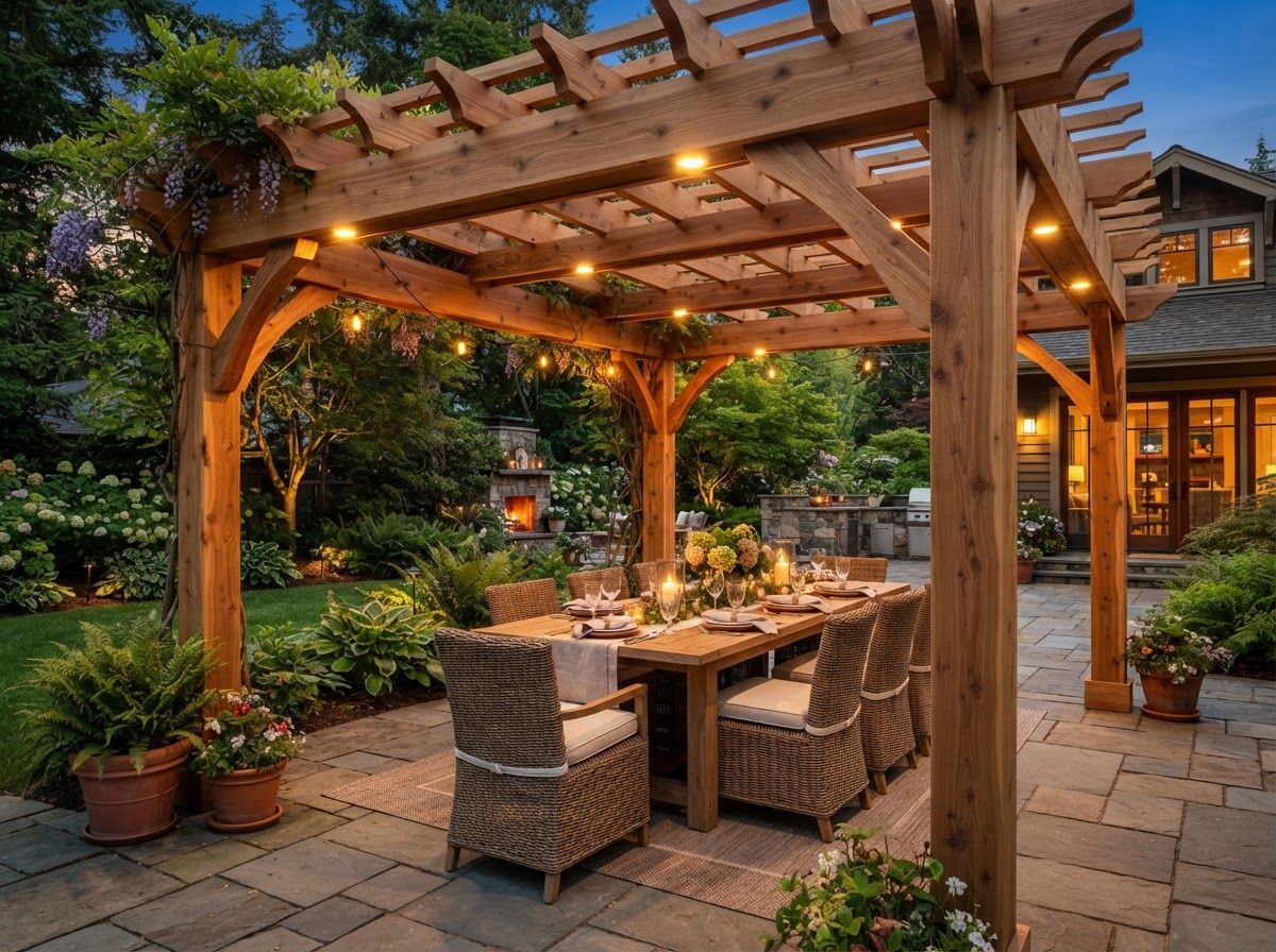 Cedar Pergola with Paver Patio & Built-In Seating