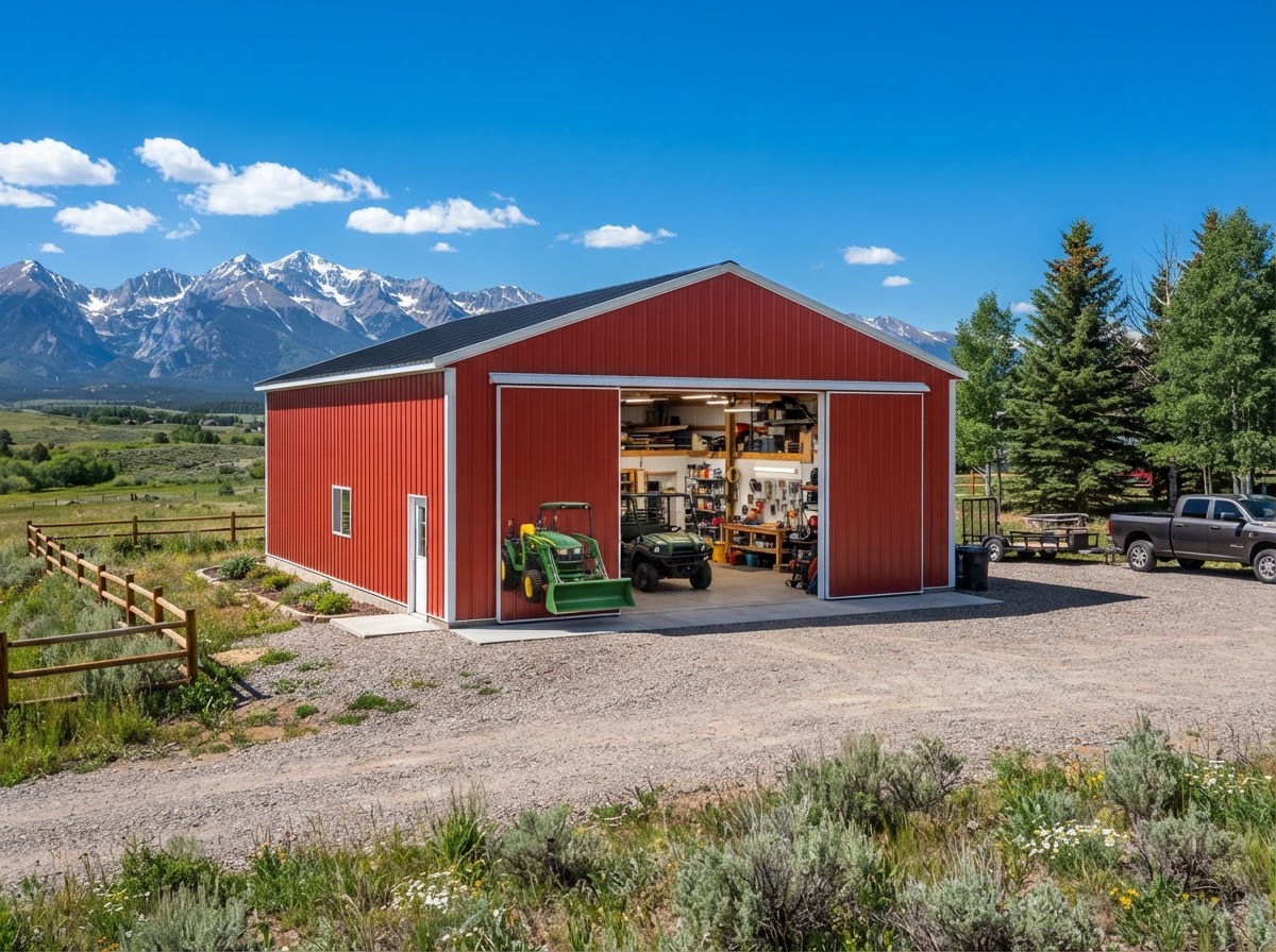 Red Metal Pole Barn Workshop & Equipment Storage