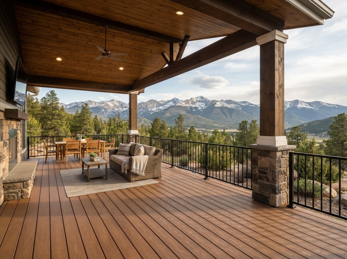 Covered Mountain View Deck with Warm Composite Planks