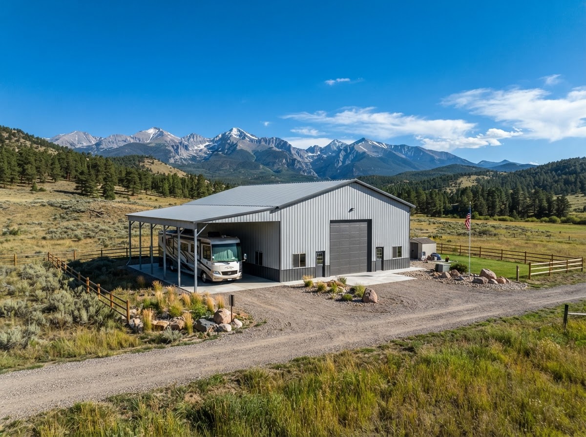 Steel Metal Garage with Attached RV Cover Carport