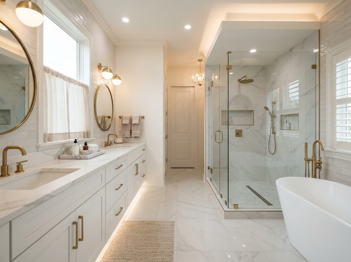 Luxury Modern Bathroom with Double Vanity & Matte Black Accents