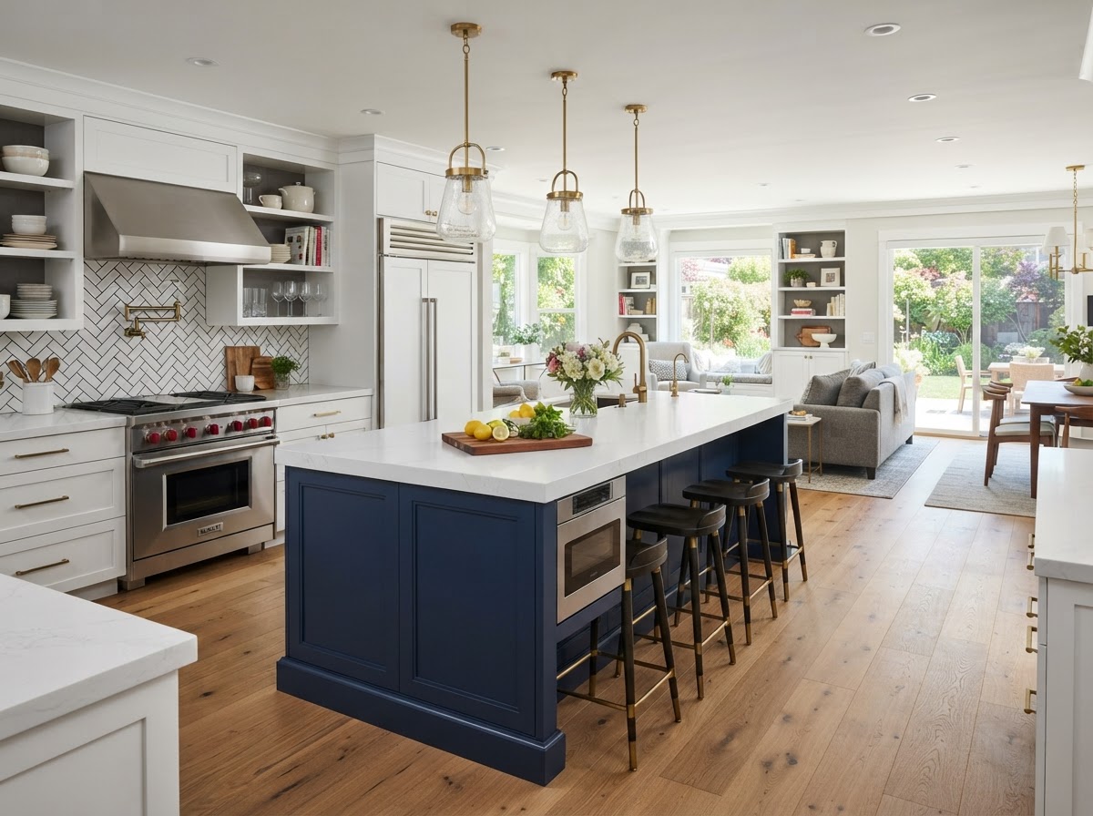 Designer Chef Kitchen with Navy Island & Quartz Surfaces