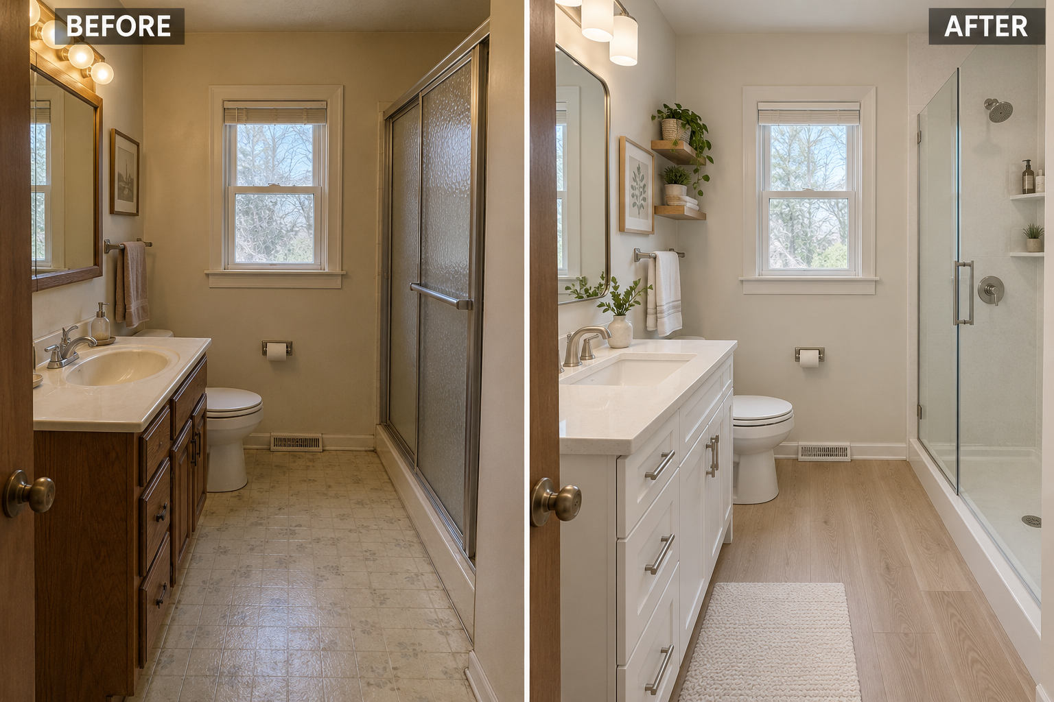 Ensuite Bath Transformation with Quartz Vanity & Subway Tile