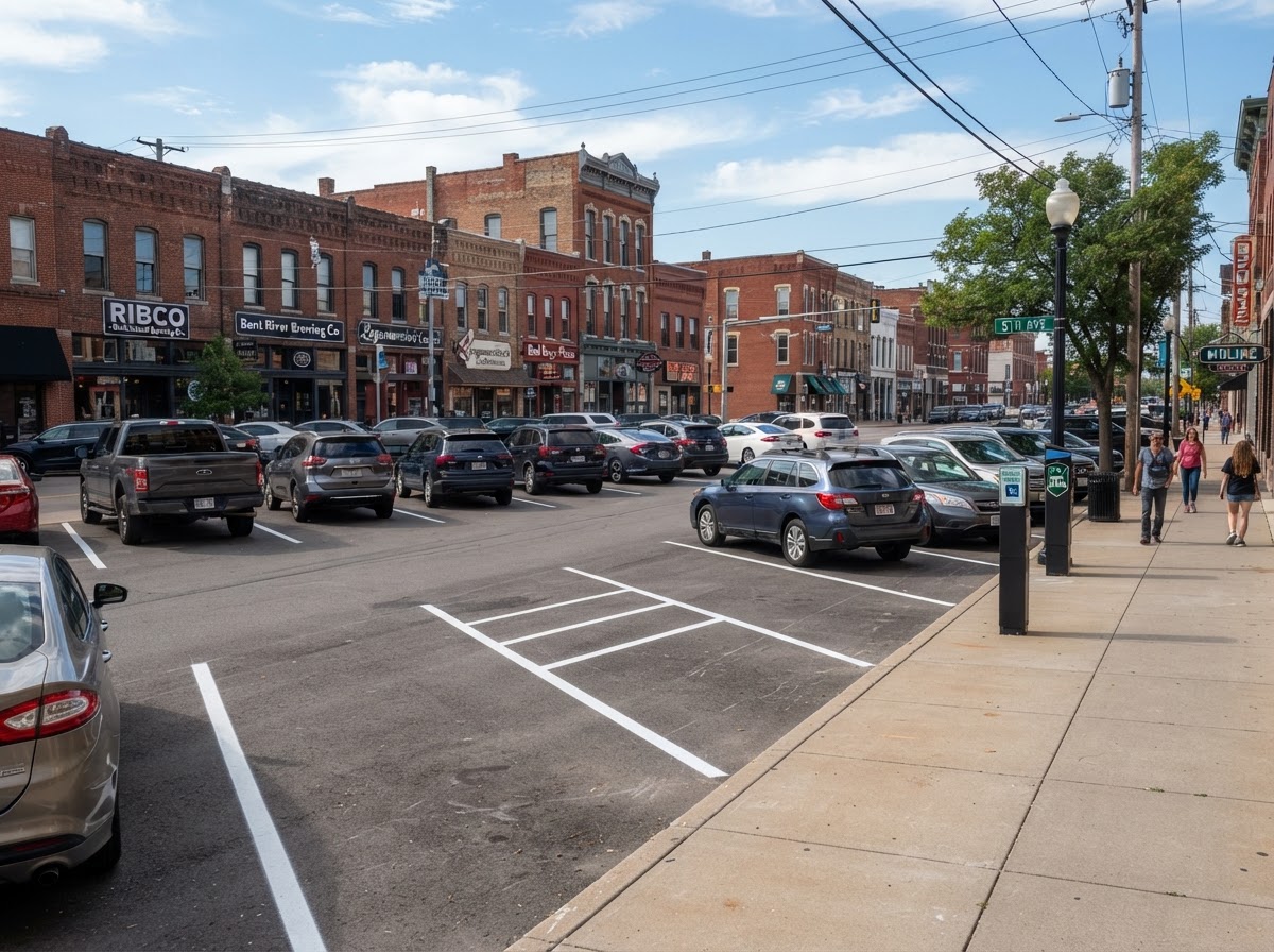 Downtown commercial parking lot with fresh white parking stall striping lines