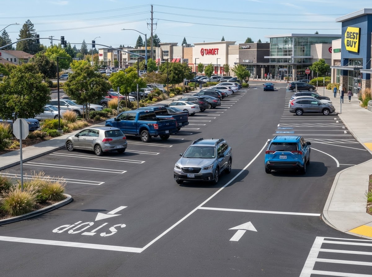 Organized commercial parking lot with clearly marked spaces and directional arrows