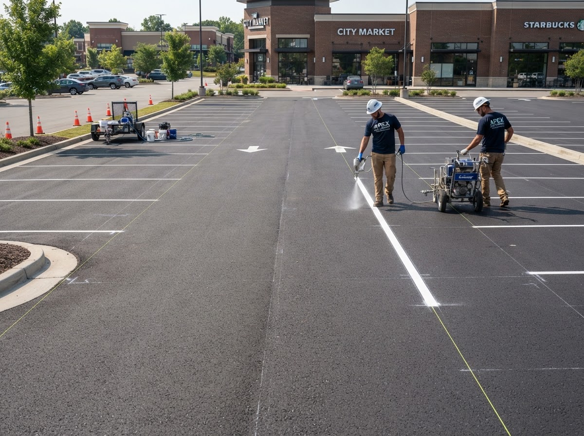 Clean swept asphalt parking lot surface prepared for new striping