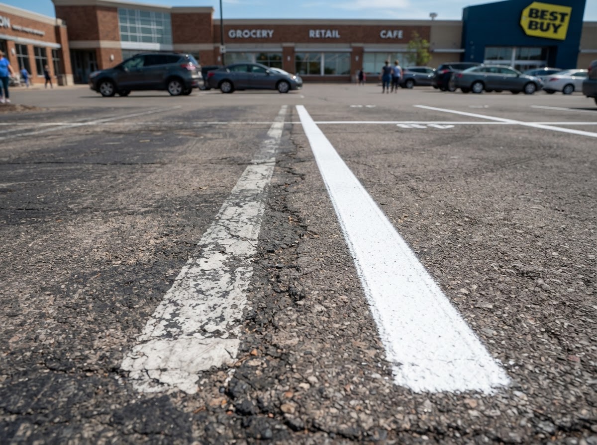 Comparison of faded and freshly restriped parking lot lines