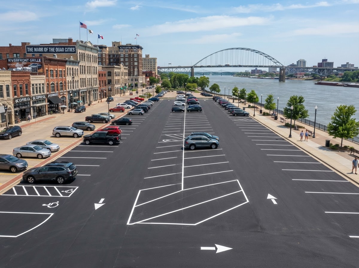 Freshly striped commercial parking lot in a Quad Cities riverfront area