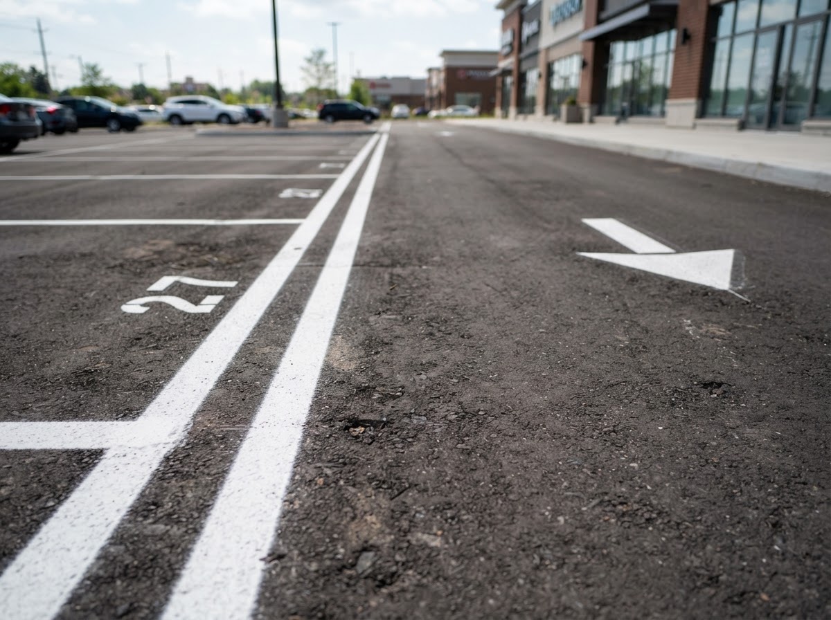 Close-up of crisp white parking stall lines with a directional arrow marking